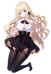 Rule 34 | 1girl, ahoge, black bow, black pantyhose, black skirt, blonde hair, blue eyes, bow, braid, breasts, brown jacket, cleavage, closed mouth, collar, commentary request, detached collar, full body, hair between eyes, highres, jacket, long hair, long sleeves, looking at viewer, medium breasts, no shoes, off shoulder, open clothes, open jacket, original, pantyhose, ririko (zhuoyandesailaer), saegusa futaba, simple background, skirt, sleeves past wrists, smile, solo, thighband pantyhose, very long hair, white background, white collar, wing collar