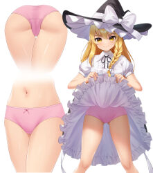 Rule 34 | 1girl, absurdres, ass, black headwear, black skirt, blonde hair, blush, bow, braid, closed mouth, clothes lift, collared shirt, commission, frilled skirt, frills, hat, hat bow, highres, kirisame marisa, lifted by self, long hair, multiple views, navel, panties, petticoat, pink panties, pixiv commission, puffy short sleeves, puffy sleeves, shirt, short sleeves, simple background, single braid, skirt, skirt lift, smile, touhou, tsunenorip, underwear, white background, white bow, white shirt, witch hat, yellow eyes