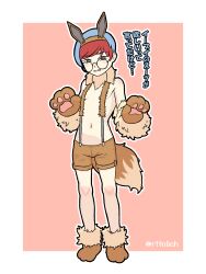 Rule 34 | 1girl, alternate costume, animal ears, blue hair, blush, breasts, brown shorts, cosplay, creatures (company), eevee, eevee (cosplay), fake animal ears, fake tail, fur-trimmed collar, fur trim, game freak, gen 1 pokemon, glasses, gloves, highres, japanese text, multicolored hair, navel, nintendo, paw gloves, paw shoes, penny (pokemon), pokemon, pokemon ears, pokemon sv, pokemon tail, red hair, rttnlich, short hair, shorts, small breasts, solo, standing, suspenders, tagme, tail, topless, translation request, two-tone hair