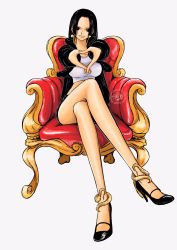 Rule 34 | 1girl, black hair, boa hancock, chair, highres, jewelry, long hair, one piece, smile