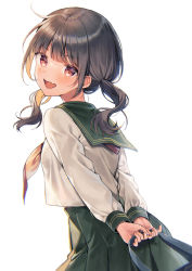 Rule 34 | 1girl, :d, arms behind back, bag, black hair, blush, brown eyes, commentary request, fang, from behind, green sailor collar, green skirt, holding, holding bag, long hair, looking at viewer, looking back, midorikawa you, neckerchief, open mouth, original, pleated skirt, red neckerchief, sailor collar, school bag, school uniform, serafuku, shirt, simple background, skirt, smile, solo, twintails, v-shaped eyebrows, white background, white shirt