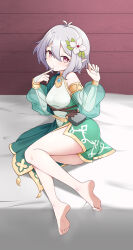 Rule 34 | 1girl, absurdres, barefoot, feet, finger to mouth, highres, kokkoro (princess connect!), light blush, light smile, looking at viewer, medium hair, pointy ears, princess connect!, red eyes, silver hair, soles, toes