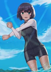 Rule 34 | 1girl, black hairband, black shorts, black wetsuit, blue sky, bob cut, bodysuit, bouhuman, cloud, commentary, commission, diving suit, green eyes, hairband, head tilt, highres, lens flare, light blush, looking at viewer, looking down, ocean, original, partially submerged, raglan sleeves, rash guard, reflection, shore, short hair, shorts, sky, smile, standing, stretching, teeth, thigh gap, upper teeth only, wading, water drop, wet, wetsuit, white wetsuit