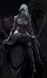 Rule 34 | 1girl, absurdres, armor, armored boots, black knife assassin, black theme, blood, blood on clothes, boots, breastplate, chinese commentary, closed mouth, crossed legs, elden ring, full body, gauntlets, greaves, highres, hood, hood up, looking at viewer, monster, nao tou di guan, pauldrons, sharp teeth, shoulder armor, sitting, solo, teeth, vambraces, weapon
