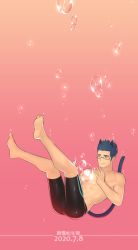 Rule 34 | 1boy, abs, animal ears, bike shorts, black hair, brown eyes, bubble, cat ears, cat tail, falling, glasses, gradient background, highres, hunterkay, looking at object, male focus, muscular, no nipples, orginial, short hair, solo, tail, toned, toned male