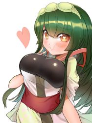 1girl blush breasts brown_eyes closed_mouth commentary_request dark_green_hair green_hairband hairband heart heart-shaped_pupils highres large_breasts long_hair looking_at_viewer muneate simple_background siwasunohige solo symbol-shaped_pupils touhoku_zunko upper_body voiceroid white_background