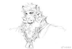Rule 34 | 1boy, animal ears, arknights, bara, chain, chain necklace, cropped shoulders, expressionless, facial hair, furry, furry male, goatee, hujusheng, jewelry, looking at viewer, male focus, mature male, mountain (arknights), necklace, short hair, sketch, solo, tiger boy, tiger ears, white fur