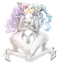 Rule 34 | 2girls, animal ears, ass, blue eyes, blue hair, bodysuit, breast press, breasts, full body, high heels, hitowa, large breasts, legs, long hair, long legs, multiple girls, original, purple eyes, purple hair, shoes, simple background, skin tight, symmetrical docking, symmetry, thighs, tongue, twintails, white background, white theme, yuri