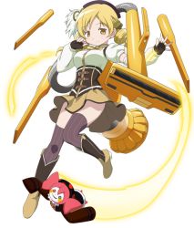 Rule 34 | 10s, 1girl, beret, blonde hair, boots, brown thighhighs, charlotte (madoka magica), corset, detached sleeves, drill hair, fingerless gloves, full body, gloves, hair ornament, hairpin, hat, kaden shoujo, magical girl, mahou shoujo madoka magica, mahou shoujo madoka magica: hangyaku no monogatari, official art, pleated skirt, puffy sleeves, skirt, smile, solo, striped clothes, striped thighhighs, thighhighs, tomoe mami, transparent background, twin drills, twintails, vacuum cleaner, vertical-striped clothes, vertical-striped thighhighs, yellow eyes