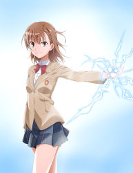Rule 34 | 1girl, absurdres, bad id, bad pixiv id, biribiri, blazer, blue background, bow, bowtie, breasts, brown eyes, brown hair, brown jacket, closed mouth, collared shirt, cowboy shot, dress shirt, electricity, electrokinesis, fantasy, feet out of frame, floating hair, flower, flower hair ornament, flower on head, glowing, gradient background, grey skirt, hair between eyes, hair flower, hair ornament, highres, jacket, long sleeves, looking at viewer, medium hair, miniskirt, misaka mikoto, outstretched arm, plaid, plaid skirt, pleated skirt, prime (cameron), psychic, red bow, red bowtie, school uniform, science fiction, shirt, skirt, small breasts, smile, solo, standing, t-shirt, thighs, toaru kagaku no railgun, toaru majutsu no index, tokiwadai school uniform, v-shaped eyebrows, white flower, white shirt, wing collar