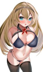 Rule 34 | 1girl, absurdres, arms behind back, aruka0807, bikini, black bikini, black thighhighs, blonde hair, blush, breasts, cleavage, collarbone, cowboy shot, cyan eyes, hairband, highres, kantai collection, large breasts, long hair, looking at viewer, navel, open mouth, simple background, solo, swimsuit, thighhighs, tiara, victorious (kancolle), white background