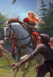 Rule 34 | 1girl, blonde hair, blue sky, bow (weapon), bronwen the bold, crossbow, dress, forest, gwent (game), highres, horse, long hair, monster, nature, non-web source, outdoors, red dress, sky, the witcher (series), tree, weapon