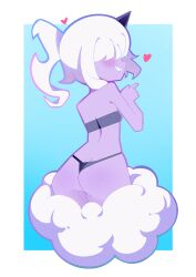 Rule 34 | 1girl, absurdres, ass, back, blush, cloud, colored skin, dazzi, female focus, flat chest, grin, highres, horns, looking back, palworld, purple skin, smile, smug, smug smile, solo, white hair