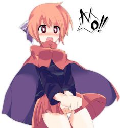 Rule 34 | 1girl, bad id, bad pixiv id, blush, bow, cape, covering privates, covering crotch, embarrassed, hair bow, kobe hakurouroukan, long sleeves, open mouth, panties, pantyshot, red eyes, red hair, sekibanki, short hair, simple background, skirt, solo, tears, touhou, underwear, upskirt, white background, white panties