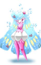Rule 34 | 1girl, alternate color, artist request, blue hair, bubble, creatures (company), crossed arms, fish, full body, game freak, gen 7 pokemon, half-closed eyes, long hair, looking to the side, nintendo, no humans, one eye closed, pink eyes, pokemon, pokemon (creature), pokemon sm, seaweed, shiny pokemon, simple background, solo, standing, tsareena, water, white background, wink