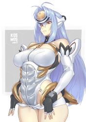 Rule 34 | 1girl, abs, ahoge, bad id, bad pixiv id, black gloves, blue hair, breasts, closed mouth, colored skin, commentary request, detached sleeves, expressionless, fingerless gloves, forehead protector, gloves, hair intakes, kos-mos, large breasts, leotard, light blue hair, long hair, looking afar, microskirt, mikoyan, pale color, pale skin, red eyes, red pupils, revealing clothes, sidelocks, skirt, solo, standing, thighs, very long hair, white leotard, white skirt, white sleeves, xenosaga, xenosaga episode i