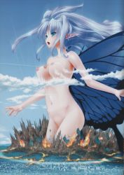 Rule 34 | 1girl, blue eyes, breasts, eichikei (hakuto), giant, giantess, highres, huge giantess, large breasts, long hair, navel, nipples, nude, open mouth, pointy ears, wings