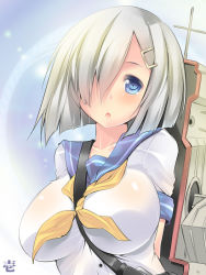 Rule 34 | 10s, 1girl, between breasts, blue eyes, blush, breasts, hair ornament, hair over one eye, hamakaze (kancolle), impossible clothes, impossible shirt, kantai collection, large breasts, looking at viewer, maki (seventh heaven maxion), personification, school uniform, serafuku, shirt, short hair, silver hair, solo, strap between breasts