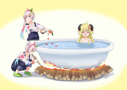 Rule 34 | 2girls, absurdres, ahoge, airani iofifteen, airani iofifteen (1st costume), animal ears, artist name, bath, bathing, bathtub, blonde hair, blue hair, breasts, carrot, fire, green footwear, hair ornament, highres, hololive, hololive indonesia, horns, ikazu401, knife, long hair, multicolored hair, multiple girls, nude, open mouth, overalls, paint on body, pink hair, pink ribbon, polka dot, polka dot ribbon, red hair, ribbon, sheep ears, sheep girl, side ponytail, smile, tsunomaki watame, virtual youtuber, wood
