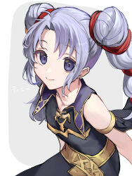 Rule 34 | 1girl, ahoge, armlet, bare shoulders, black dress, closed mouth, commentary request, dress, fire emblem, fire emblem: genealogy of the holy war, flat chest, gold trim, highres, jewelry, long hair, nintendo, parted bangs, purple eyes, purple hair, sakura no yoru, simple background, sleeveless, sleeveless dress, smile, solo, tine (fire emblem), twintails, twitter username