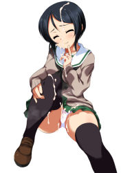 Rule 34 | 10s, 1girl, alternate costume, black eyes, black hair, black neckerchief, black thighhighs, brown footwear, brown sweater, bukkake, cameltoe, chouno ami, closed eyes, closed mouth, crotch seam, cum, finger to mouth, full body, girls und panzer, green skirt, highres, hugging own legs, loafers, long sleeves, looking at viewer, miniskirt, neckerchief, ooarai school uniform, ouhashi, panties, pantyshot, pleated skirt, school uniform, serafuku, shoes, short hair, simple background, sitting, skirt, smile, solo, sweater, swept bangs, thighhighs, underwear, white background, white panties, winter uniform