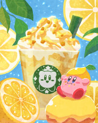 Rule 34 | :i, blue background, blush stickers, cup, disposable cup, food, food-themed hat, food focus, food on face, frappuccino, fruit, highres, kirby, kirby (series), leaf, lemon, lemon slice, miclot, nintendo, no humans, red footwear, shoes, starbucks, whipped cream
