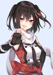 Rule 34 | 1girl, black gloves, black neckerchief, blue background, brown eyes, brown hair, elbow gloves, fingerless gloves, gloves, hair ornament, highres, kamidanomi, kantai collection, looking at viewer, neckerchief, ok sign, open mouth, scarf, sendai (kancolle), sendai kai ni (kancolle), short hair, simple background, smile, solo, two side up, upper body, white scarf