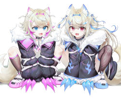 Rule 34 | 2girls, :3, :d, absurdres, animal ear fluff, animal ears, belt collar, black collar, black jacket, blonde hair, blue eyes, blue hair, collar, cropped jacket, cropped shirt, dog ears, dog girl, dog tail, dress, fake claws, fishnet thighhighs, fishnets, fur-trimmed jacket, fur trim, fuwawa abyssgard, fuwawa abyssgard (1st costume), ghdwid, highres, hololive, hololive english, jacket, long hair, looking at viewer, medium hair, midriff, mococo abyssgard, mococo abyssgard (1st costume), multicolored hair, multiple girls, navel, open mouth, pink eyes, pink hair, shirt, shoes, short shorts, shorts, siblings, single fishnet legwear, sisters, smile, sneakers, spiked collar, spikes, streaked hair, tail, thighhighs, twins, virtual youtuber, white dress, white footwear, white shirt, white shorts