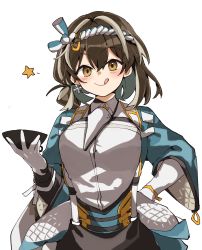 Rule 34 | 1girl, apron, arknights, bird mask, black apron, blue coat, blush, bowl, breasts, brown hair, closed mouth, coat, collared shirt, commentary, earrings, freenote mr, gloves, hair between eyes, hand on own hip, highres, holding, holding bowl, jewelry, licking lips, looking at viewer, magallan (arknights), magallan (shaved-ice memories) (arknights), mask, mask around neck, medium breasts, multicolored hair, official alternate costume, rope, shirt, short hair, silver hair, simple background, single earring, smile, snowflake earrings, solo, star (symbol), streaked hair, tongue, tongue out, two-tone hair, white background, white gloves, white shirt, wing collar, yellow eyes