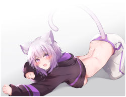 Rule 34 | 1girl, :d, absurdres, animal ears, blush, breasts, butt crack, cat ears, cat girl, cat tail, clothing cutout, fang, from side, gradient background, grey background, highres, hololive, hood, hood down, kana616, large breasts, long sleeves, looking at viewer, looking to the side, medium hair, nekomata okayu, nekomata okayu (1st costume), open mouth, pants, purple eyes, purple hair, smile, tail, tail through clothes, top-down bottom-up, virtual youtuber, white pants
