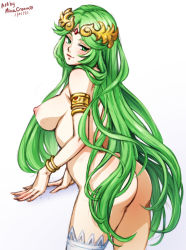 Rule 34 | 1girl, 2021, armlet, ass, back, bare shoulders, bracelet, breasts, circlet, covered erect nipples, dated, female focus, green eyes, green hair, jewelry, kid icarus, large breasts, long hair, looking back, matching hair/eyes, mina cream, nintendo, nipples, nude, palutena, sideboob, solo, thighhighs, thighs, white background, white thighhighs