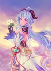 Rule 34 | 1girl, absurdres, ahoge, back, backless outfit, black gloves, blue hair, blush, bow, chinese knot, detached sleeves, flower, flower knot, from behind, ganyu (genshin impact), genshin impact, gloves, gold trim, highres, holding, holding flower, horns, long hair, looking at viewer, looking back, low ponytail, nia (leafunia), orange sky, purple eyes, qingxin flower, scenery, sidelocks, sky, smile, solo, standing, sun, thighlet, vision (genshin impact), waist cape, white flower, white sleeves