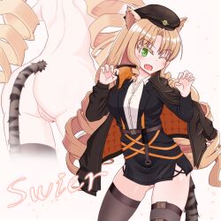 Rule 34 | 1girl, animal ears, arknights, black headwear, blonde hair, blush, breasts, cleft of venus, curly hair, fang, fseit4, green eyes, highres, looking at viewer, medium breasts, pussy, skin fang, solo, swire (arknights), tail, thighhighs, tiger ears, tiger girl, tiger tail