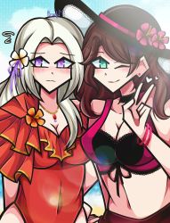 Rule 34 | 2girls, 34cupofsalt, blue eyes, blush, breasts, brown hair, choker, cleavage, dorothea arnault, edelgard von hresvelg, fire emblem, fire emblem: three houses, fire emblem heroes, frilled one-piece swimsuit, frilled swimsuit, frills, hair tie, hat, heart, highres, jewelry, long hair, looking at viewer, looking away, medium breasts, multiple girls, necklace, nintendo, official alternate costume, one-piece swimsuit, one eye closed, red one-piece swimsuit, smile, sun hat, swimsuit, v, watermark, white hair