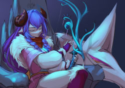 Rule 34 | 1girl, absurdres, blue hair, boots, bow (weapon), braid, caca (1zz1), closed eyes, closed mouth, fingerless gloves, fur trim, gloves, gradient background, grey background, highres, holding, holding bow (weapon), holding weapon, horns, jacket, kindred (league of legends), knee boots, lamb (league of legends), league of legends, long hair, long sleeves, official alternate costume, pink footwear, pink jacket, pointy ears, purple gloves, purple hair, red scarf, scarf, sitting, spirit blossom kindred, twin braids, weapon, wolf (league of legends)