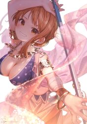 Rule 34 | 1girl, arabian clothes, arm on own head, arm up, bandaged arm, bandages, bare shoulders, blush, breasts, brown eyes, carrying overhead, cleavage, clima-tact, crop top, earrings, grin, highres, jewelry, leaning forward, medium breasts, medium hair, midriff, nami (one piece), navel, necklace, one piece, orange hair, ryota (ry o ta), shoulder tattoo, skirt, sleeveless, smile, solo, tattoo, weapon behind back