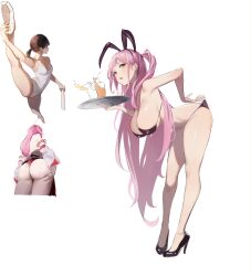 Rule 34 | 3girls, absurdres, animal ears, ass, ballerina, bartender, bikini, bikini bottom pull, black bikini, black footwear, blue eyes, breasts, brown hair, commentary, cropped legs, dampi, detached sleeves, drink, fake animal ears, from behind, from side, full body, hanging breasts, high heels, highres, holding, holding leg, holding tray, large breasts, leaning forward, leg hold, leg up, leotard, long hair, looking at viewer, looking to the side, medium hair, multiple girls, one side up, open mouth, original, pink hair, ponytail, rabbit ears, shoes, simple background, sketch, small breasts, spaghetti strap, spilling, split, standing, standing on one leg, standing split, swimsuit, symbol-only commentary, tray, very long hair, white background, white footwear, white leotard