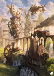 Rule 34 | aircraft, airship, blue sky, bridge, chimney, cloud, cloudy sky, commentary request, fantasy, grass, highres, house, no humans, original, outdoors, path, railroad tracks, river, road, scenery, signature, sky, smoke, tower, train, water, water wheel, waterfall, windmill, you shimizu