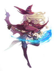 Rule 34 | 1girl, blonde hair, blue fire, boots, bridal gauntlets, cape, detached sleeves, fire, full body, hat, high heels, long hair, original, purple fire, pyrokinesis, shoes, simple background, sio5, solo, staff, thigh boots, thighhighs, white background, witch, witch hat, yellow eyes