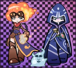 Rule 34 | 2girls, amoeboid changeling, bad id, bad pixiv id, belt, blue eyes, boots, cape, chandra nalaar, checkered background, fiery hair, fire, flaming hair, frown, goggles, green hair, hood, jace beleren, magic: the gathering, multiple girls, orange hair, panty &amp; stocking with garterbelt, parody, scroll, shioinu kemushi, style parody, thigh boots, thighhighs
