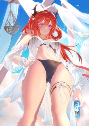 Rule 34 | 1girl, absurdres, arknights, bikini, black bikini, blue nails, blue sky, can, cowboy shot, detached sleeves, drink, frown, hair ornament, highres, holding, holding can, holding drink, horns, long hair, nail polish, procreate (medium), purple eyes, red hair, sky, sodiumcc, solo, star (symbol), star hair ornament, surtr (arknights), surtr (colorful wonderland) (arknights), swimsuit, swimsuit cover-up, thigh strap