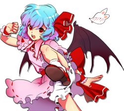 Rule 34 | 1girl, bad id, bad pixiv id, bat wings, bloomers, blue hair, dress, fighting stance, fingernails, hat, kung fu, mary janes, nail polish, no headwear, no headwear, red eyes, remilia scarlet, rod (rod4817), shadow, shoes, short hair, solo, embodiment of scarlet devil, touhou, transparent background, underwear, white background, wings, wrist cuffs