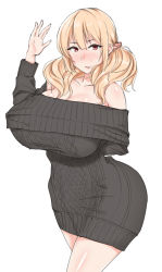 Rule 34 | 1girl, bare shoulders, blonde hair, blush, breasts, brown eyes, character request, copyright request, highres, huge breasts, long hair, looking at viewer, mole, nanae, sweater, twintails