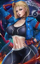 Rule 34 | absurdres, black sports bra, blonde hair, breasts, cammy white, capripants, choker, cleavage, english text, facial scar, green eyes, hair between eyes, highres, jacket, large breasts, linea alba, looking at viewer, md5 mismatch, midriff, navel, open clothes, open jacket, open mouth, pants, realistic, resolution mismatch, scar, scar on cheek, scar on face, short hair, smile, solo, source smaller, sports bra, up