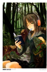 Rule 34 | 1girl, absurdres, armchair, audio-technica, book, brown hair, chair, forest, glasses, green eyes, headphones, highres, lizard, mouth hold, nature, one eye closed, open book, original, otohiko takano, headpat, reading, scan, solo, takano otohiko, wink