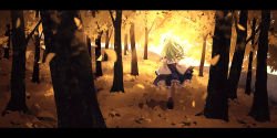 Rule 34 | 1girl, autumn, autumn leaves, blue skirt, commentary, detached sleeves, dise (psychoro), falling leaves, female focus, floating hair, forest, frilled skirt, frills, from behind, gensokyo, ginkgo tree, ginkgo leaf, green hair, hair ornament, highres, kochiya sanae, leaf, letterboxed, light, light rays, long hair, long skirt, long sleeves, nature, plant, scenery, shadow, shirt, skirt, sleeveless, sleeveless shirt, sleeves past fingers, sleeves past wrists, solo, sunlight, touhou, tree, tree shade, walking, white shirt, wide shot, wide sleeves, youkai mountain