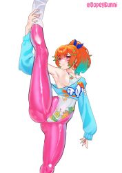 Rule 34 | 1girl, absurdres, artist name, blush, breasts, cropped sweater, dopeybunni, earrings, highres, hololive, hololive english, hoop earrings, jewelry, large breasts, leg warmers, leotard, off-shoulder sweater, off shoulder, official alternate costume, orange hair, pants, pantyhose, pink pants, pink pantyhose, purple eyes, purple pantyhose, simple background, solo, split, standing, standing on one leg, standing split, sweater, takanashi kiara, takanashi kiara (7th costume), virtual youtuber, white background, white leotard