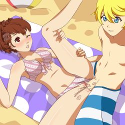 Rule 34 | 1boy, 1girl, atlus, beach, blonde hair, blue eyes, blush, brown hair, clothed sex, clothing aside, crossover, cum, hair ornament, hetero, highres, kuma (persona 4), missionary, one eye closed, penis, persona, persona 3, persona 3 portable, persona 4, pussy, red eyes, sex, shiomi kotone, showers-u, swimsuit, swimsuit aside, uncensored, vaginal