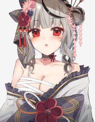 Rule 34 | 1girl, black choker, black hair, blush, breasts, chest sarashi, choker, commentary, english commentary, flower, frilled kimono, frills, grey kimono, hair bun, hair flower, hair ornament, hair ribbon, highres, hololive, japanese clothes, kimono, large breasts, looking at viewer, multicolored hair, off shoulder, parted lips, red eyes, ribbon, sakamata chloe, sakamata chloe (new year), sarashi, shuuzo3, silver hair, simple background, single hair bun, solo, streaked hair, upper body, virtual youtuber, white background