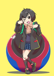 Rule 34 | 1girl, backpack, bag, black hair, blush stickers, brown eyes, full body, highres, looking at viewer, marvel, one eye closed, open mouth, peni parker, pleated skirt, scarf, school uniform, short hair, simple background, skirt, smile, sp//dr, spider-man: into the spider-verse, spider-man (series), spider-verse, sweater vest, ueyama michirou, v, winter clothes
